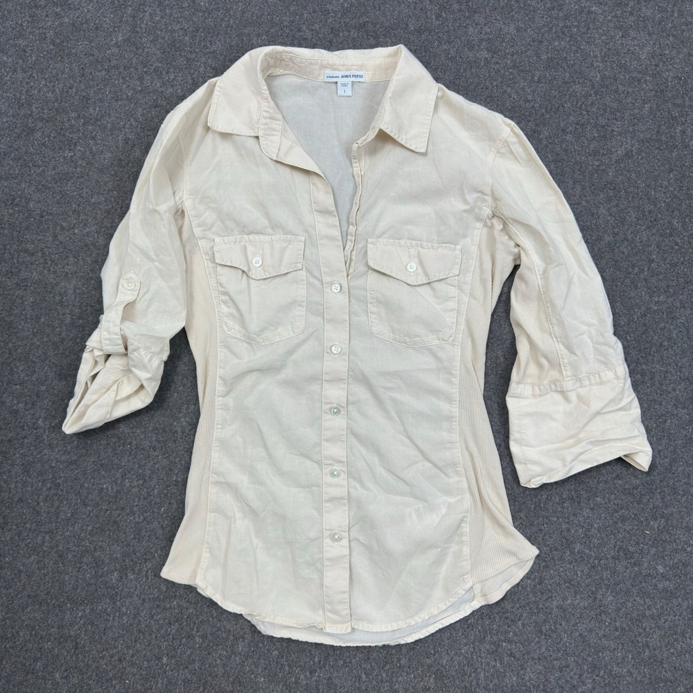 James Perse Womens Small Cotton Utility Shirt Ivory Roll Tab Button Down